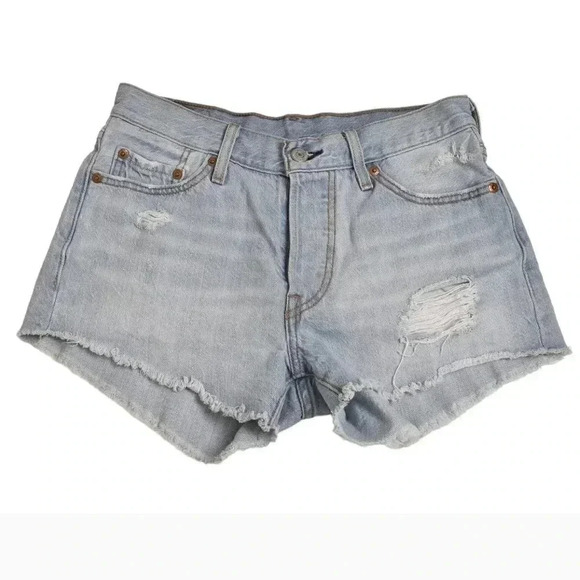 Levi's 501 Jean Shorts Distressed Raw Hem Light Wash  Mid Rise Size 25 - Picture 1 of 10